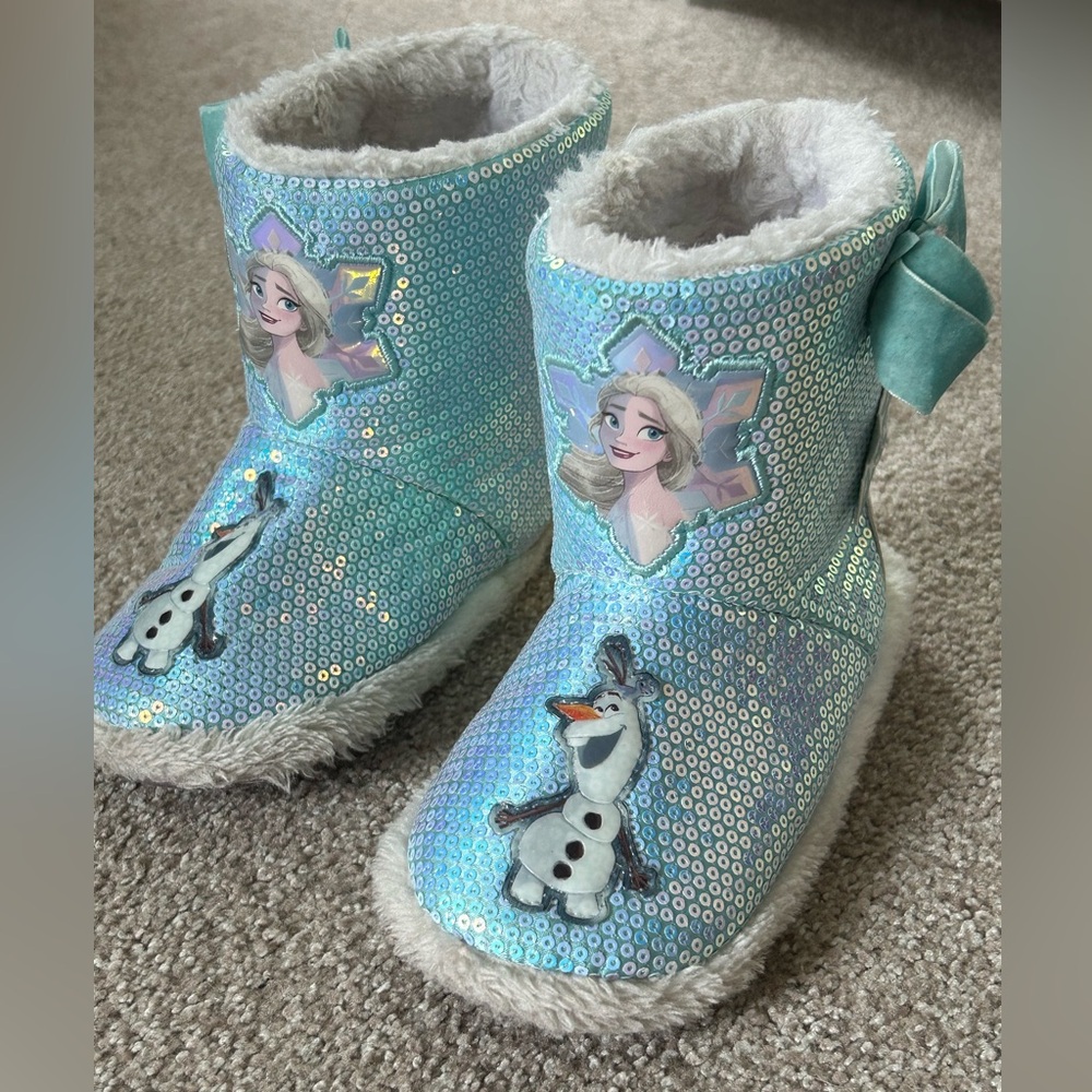 DISNEY Frozen Characters Slippers Girls 11-12 Blue Iridescent Sequins - 2 avail.